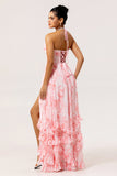 Sparkly Blush Corset Floral Ruffled Pearls Long Bridesmaid Dress with Slit