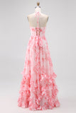 Sparkly Blush Corset Floral Ruffled Pearls Long Bridesmaid Dress with Slit