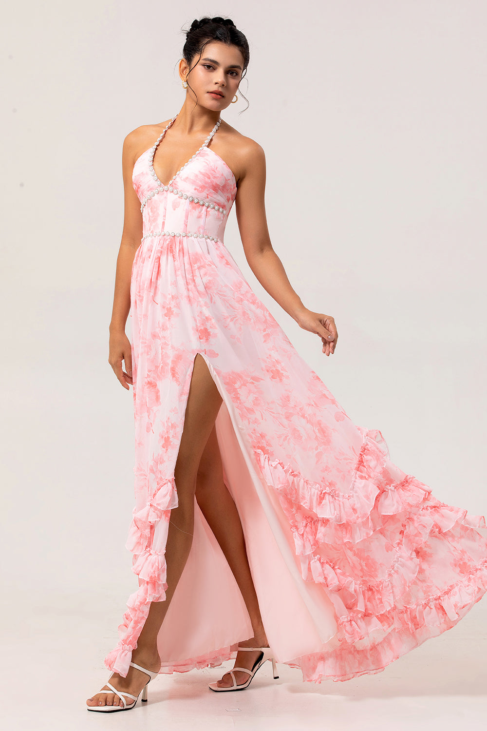 Sparkly Blush Corset Floral Ruffled Pearls Long Bridesmaid Dress with Slit
