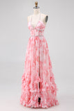 Sparkly Blush Flower Ruffled Corset Pearls Long Bridesmaid Dress with Slit