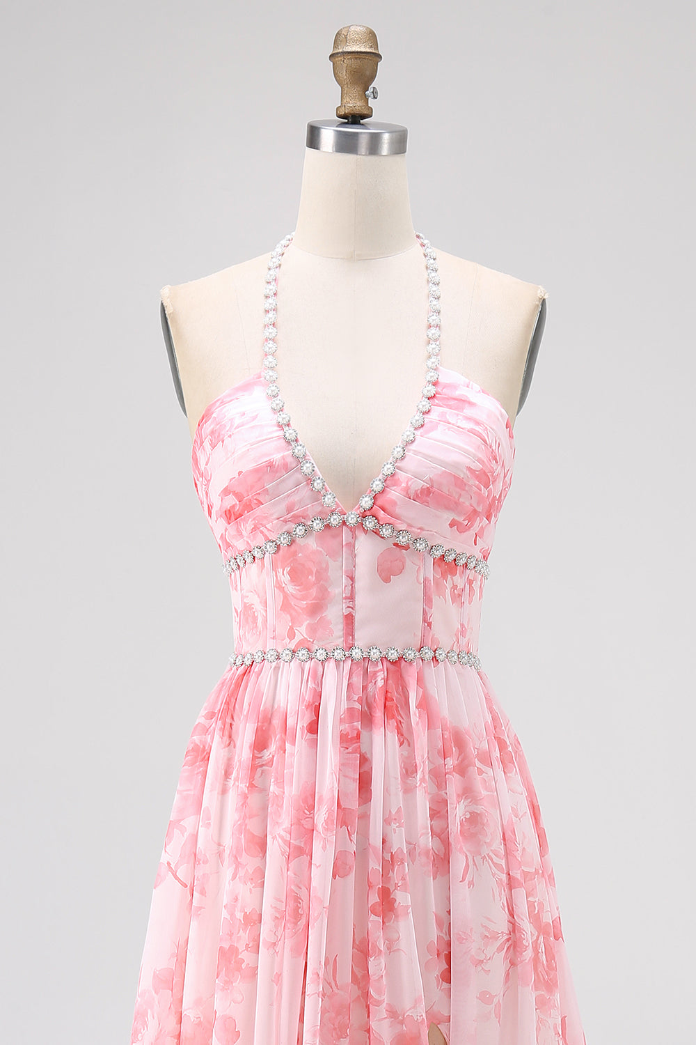 Sparkly Blush Flower Ruffled Corset Pearls Long Bridesmaid Dress with Slit
