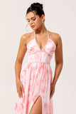 Sparkly Blush Corset Floral Ruffled Pearls Long Bridesmaid Dress with Slit