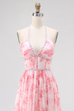 Sparkly Blush Flower Ruffled Corset Pearls Long Bridesmaid Dress with Slit