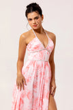 Sparkly Blush Corset Floral Ruffled Pearls Long Bridesmaid Dress with Slit