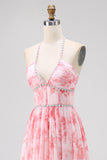 Sparkly Blush Flower Ruffled Corset Pearls Long Bridesmaid Dress with Slit