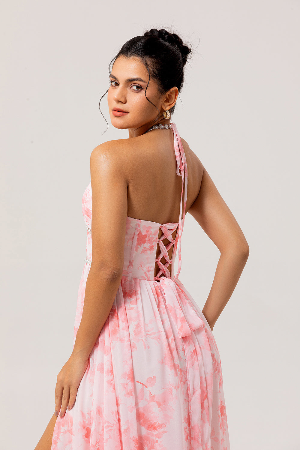 Sparkly Blush Corset Floral Ruffled Pearls Long Bridesmaid Dress with Slit