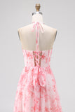 Sparkly Blush Flower Ruffled Corset Pearls Long Bridesmaid Dress with Slit