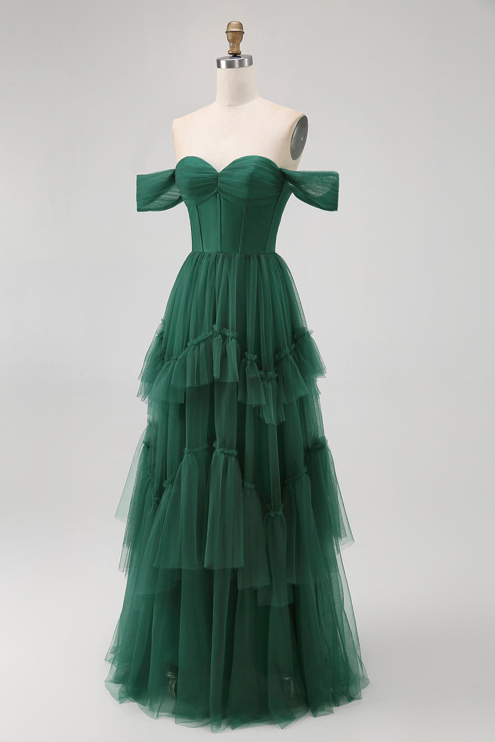 Dark Green Tulle A-Line Tiered Long Corset Wedding Guest Dress