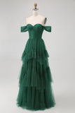 Dark Green Tulle A-Line Tiered Long Corset Wedding Guest Dress