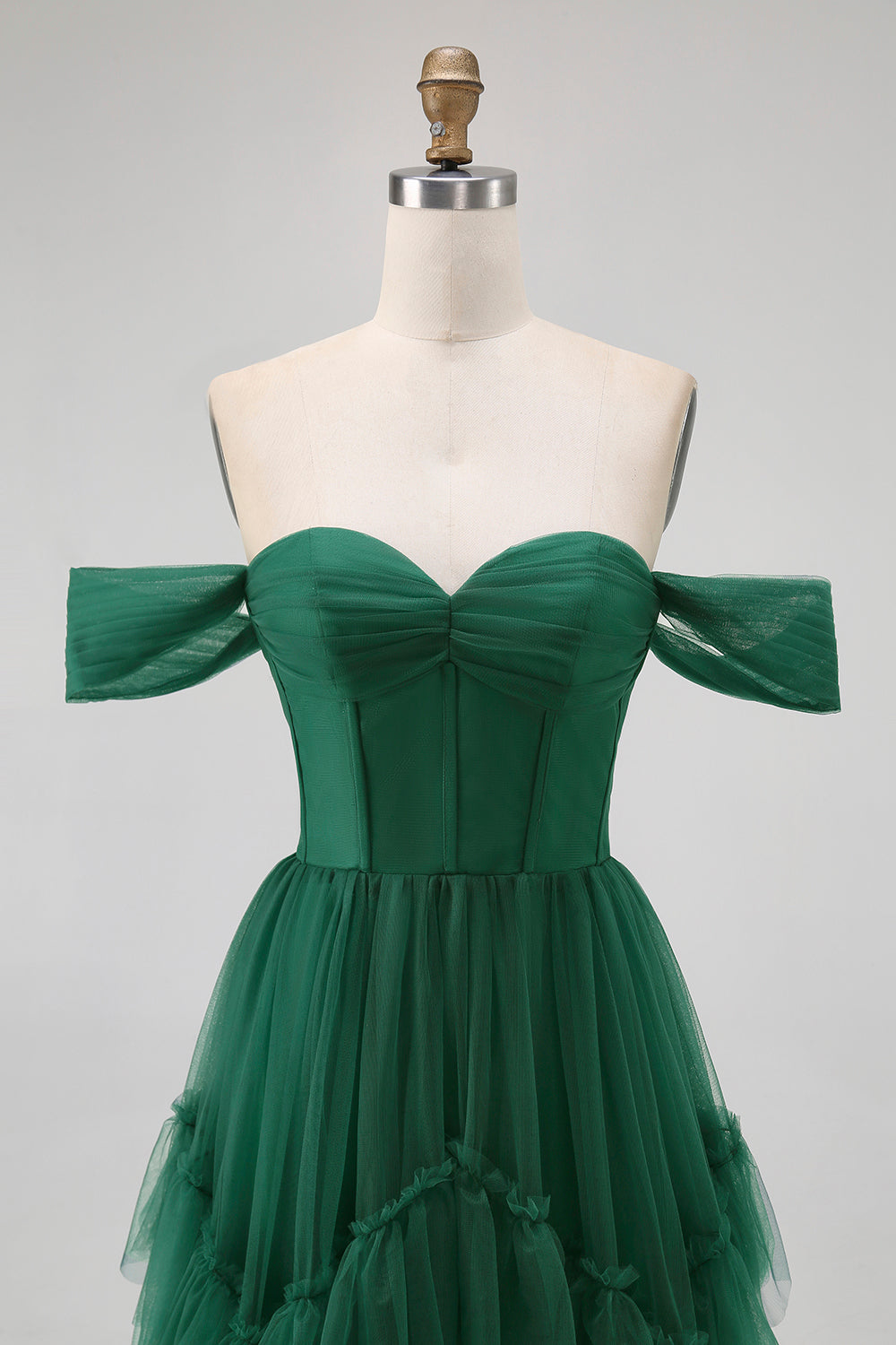 Dark Green Tulle A-Line Tiered Long Corset Wedding Guest Dress
