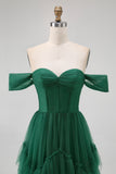 Dark Green Tulle A-Line Tiered Long Corset Wedding Guest Dress