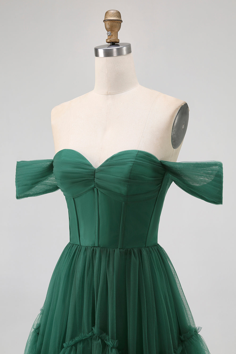 Dark Green Tulle A-Line Tiered Long Corset Wedding Guest Dress