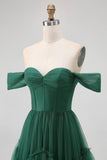 Dark Green Tulle A-Line Tiered Long Corset Wedding Guest Dress