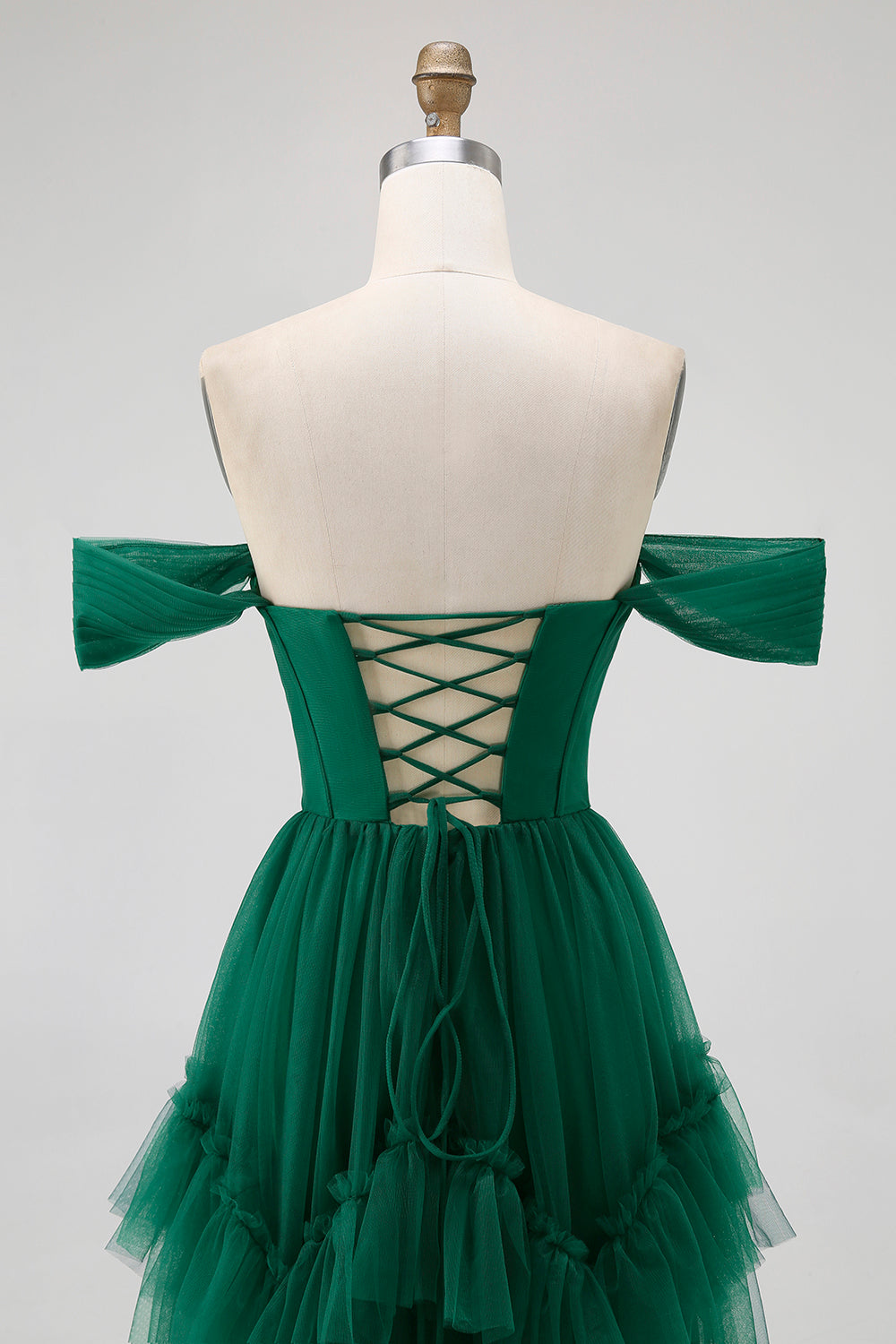 Dark Green Tulle A-Line Tiered Long Corset Wedding Guest Dress