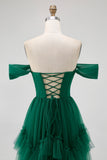 Dark Green Tulle A-Line Tiered Long Corset Wedding Guest Dress