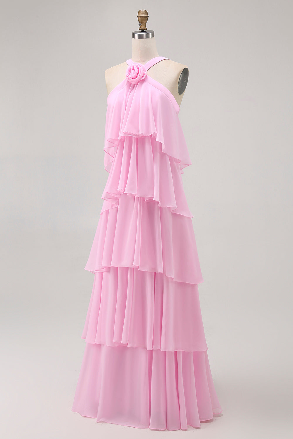 Candy Pink A-Line Ruffled Halter Long Wedding Guest Dress