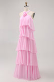 Candy Pink A-Line Ruffled Halter Long Wedding Guest Dress