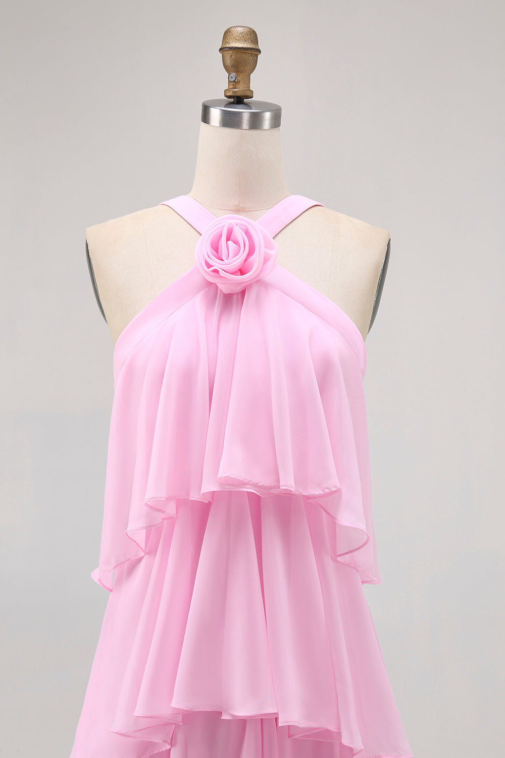 Candy Pink A-Line Ruffled Halter Long Wedding Guest Dress