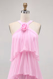 Candy Pink A-Line Ruffled Halter Long Wedding Guest Dress