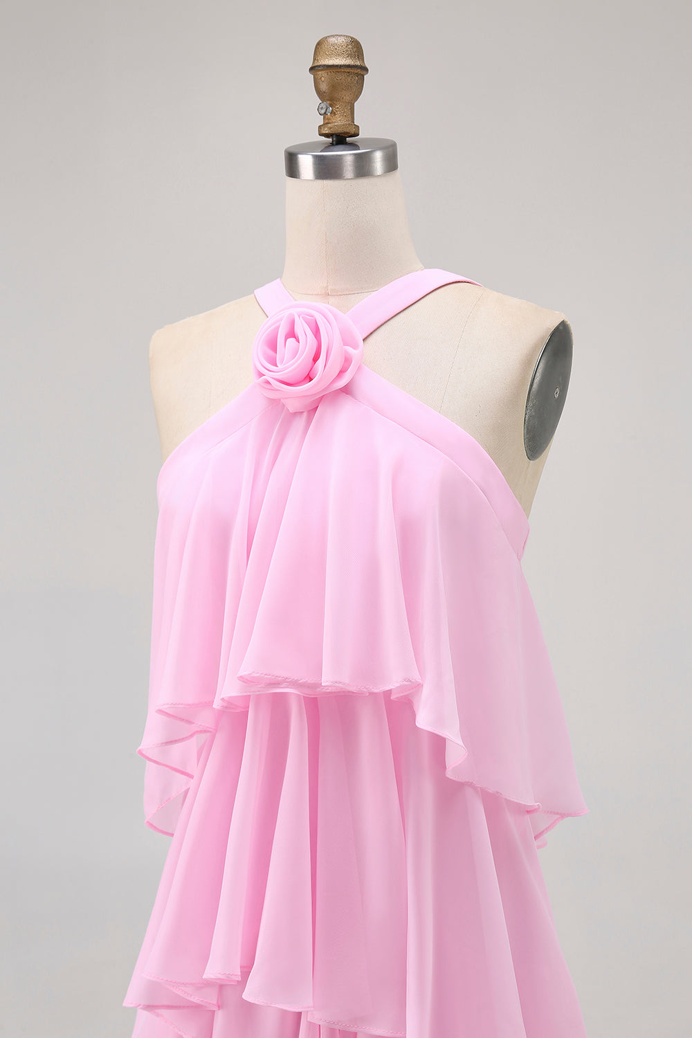 Candy Pink A-Line Ruffled Halter Long Wedding Guest Dress