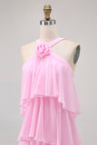 Candy Pink A-Line Ruffled Halter Long Wedding Guest Dress
