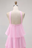 Candy Pink A-Line Ruffled Halter Long Wedding Guest Dress
