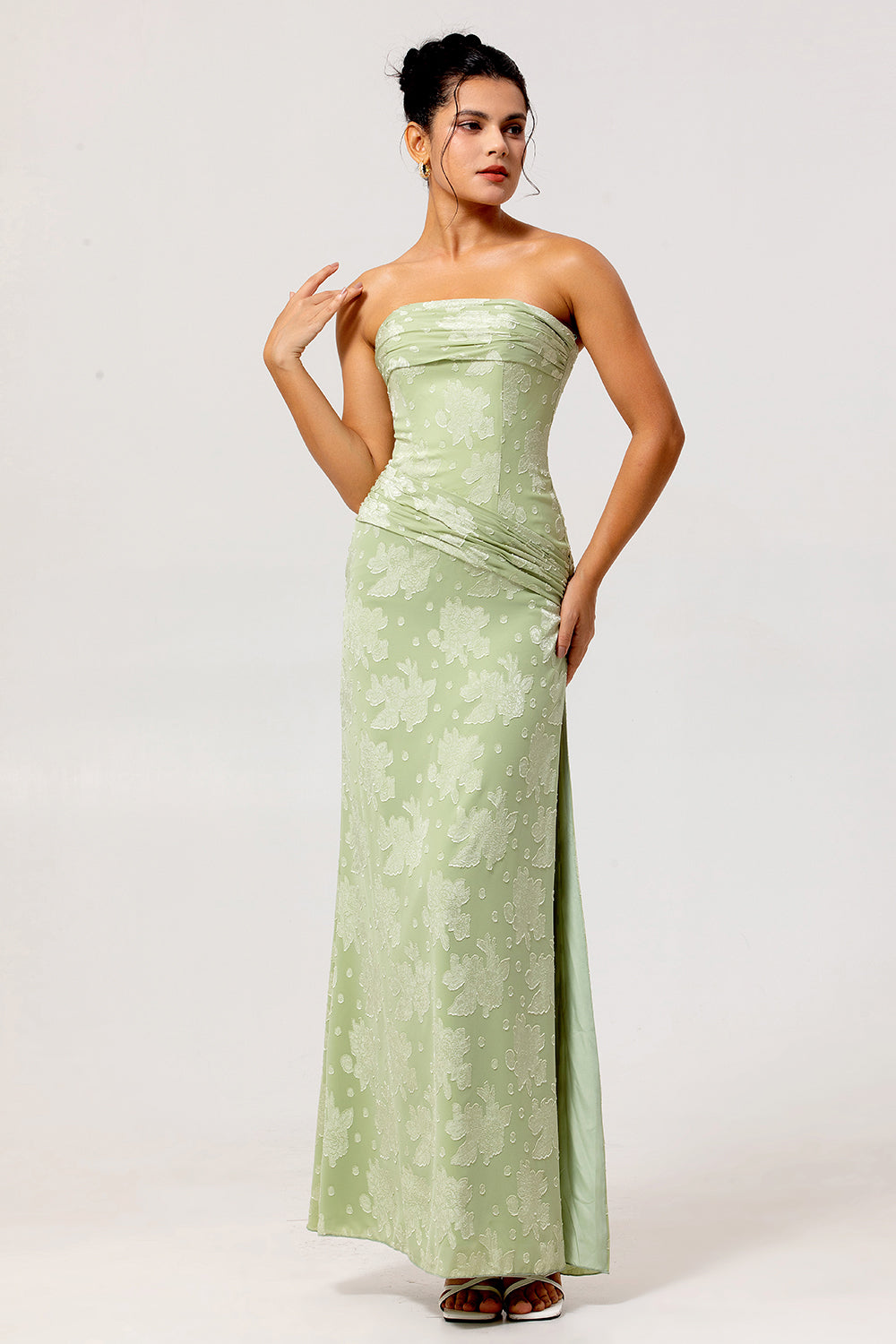 Sage Green Sheath Strapless Long Floral Wedding Guest Dress