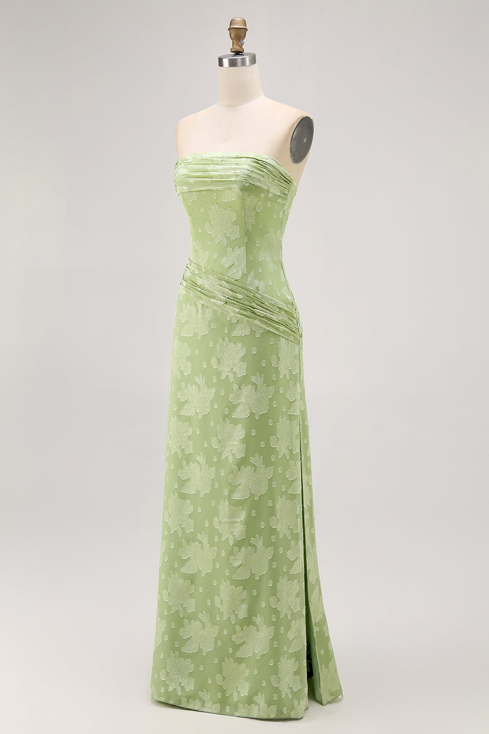 Sage Green Sheath Strapless Long Floral Wedding Guest Dress