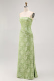 Sage Green Sheath Strapless Long Floral Wedding Guest Dress