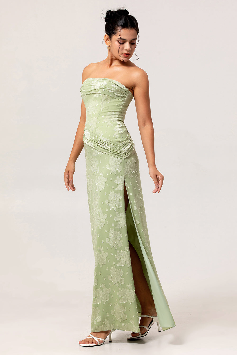 Zapakasa Women Sage Green Floral Long Wedding Guest Dress with Slit Sheath Strapless Bridesmaid Dress Zapakasa Women Sage Green Floral Long Wedding Guest Dress with Slit Sheath Strapless Bridesmaid Dress