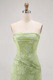 Sage Green Sheath Strapless Long Floral Wedding Guest Dress