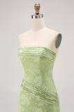 Sage Green Sheath Strapless Long Floral Wedding Guest Dress