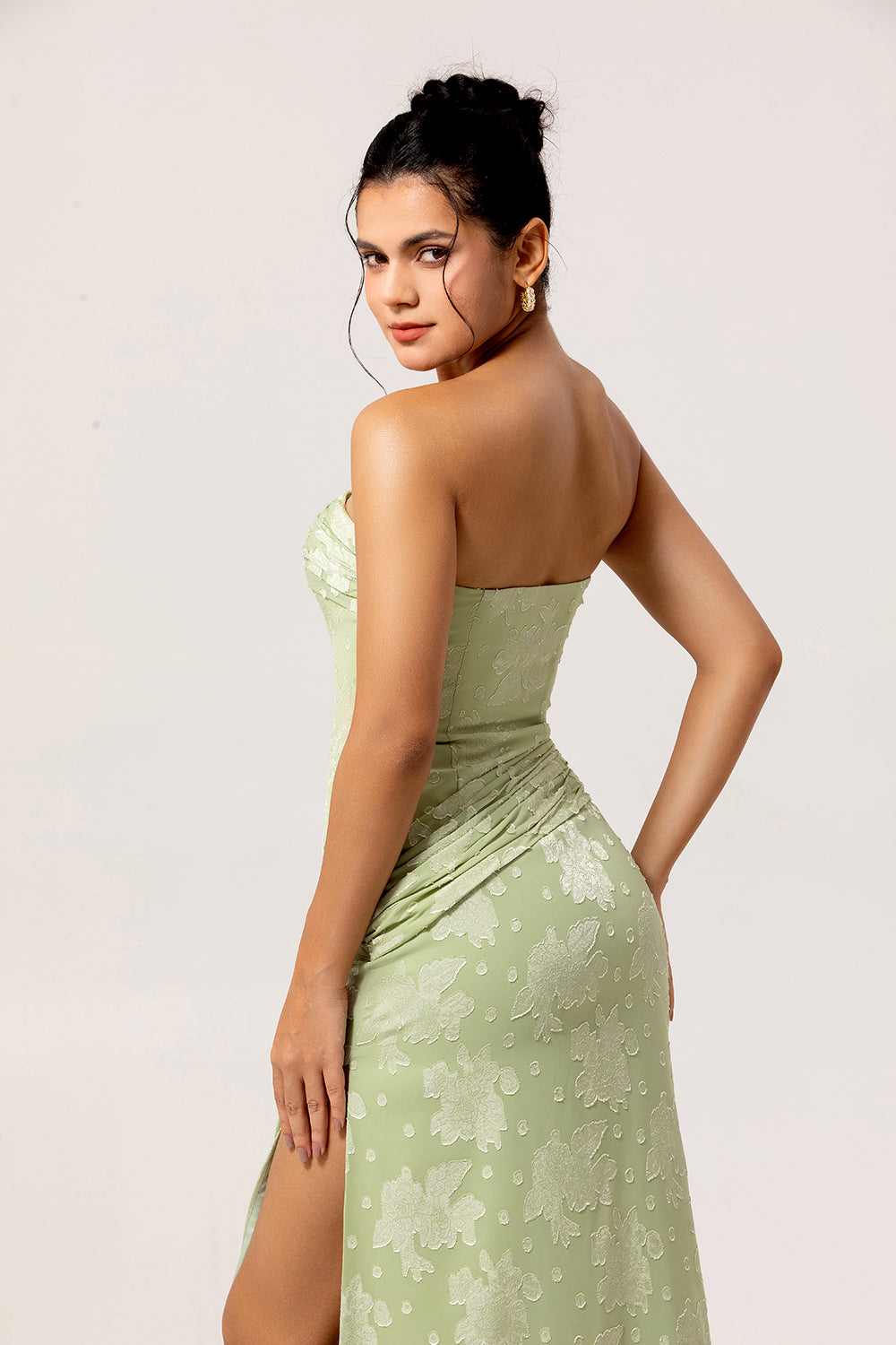 Sage Green Floral Sheath Long Wedding Guest Dress with Slit