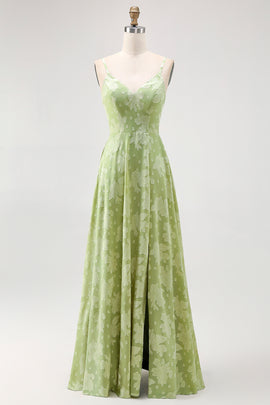 Sage Green Floral A-Line Spaghetti Straps Long Wedding Guest Dress