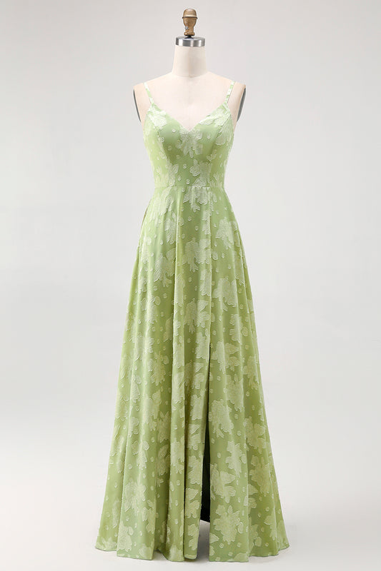 Sage Green Floral A-Line Spaghetti Straps Long Wedding Guest Dress