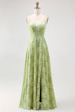 Sage Green Floral A-Line Spaghetti Straps Long Wedding Guest Dress