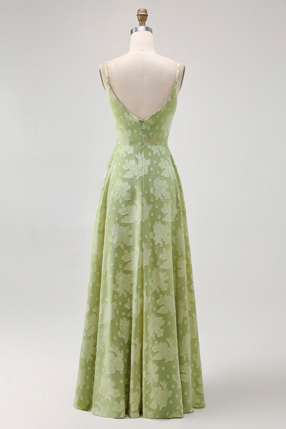 Sage Green Floral A-Line Spaghetti Straps Long Wedding Guest Dress