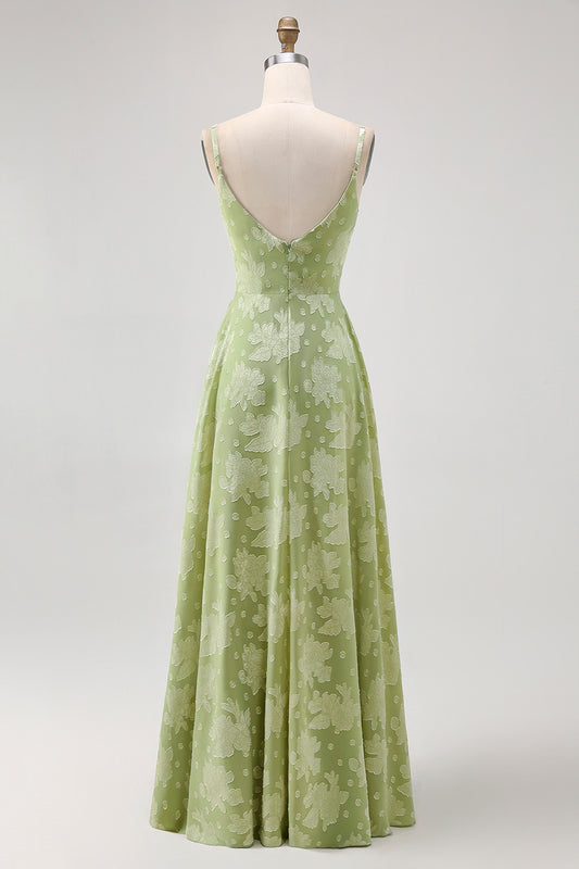 Sage Green Floral A-Line Spaghetti Straps Long Wedding Guest Dress