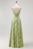 Sage Green Floral A-Line Spaghetti Straps Long Wedding Guest Dress