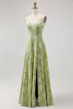 Sage Green Floral A-Line Spaghetti Straps Long Wedding Guest Dress