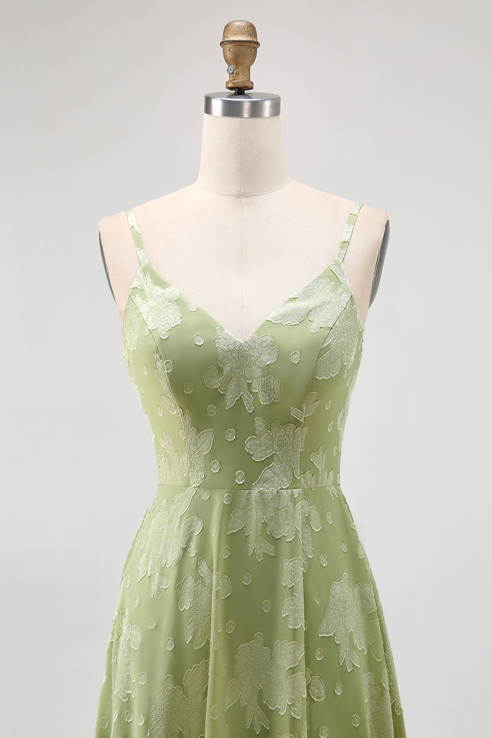 Sage Green Floral A-Line Spaghetti Straps Long Wedding Guest Dress
