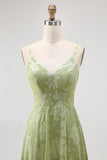 Sage Green Floral A-Line Spaghetti Straps Long Wedding Guest Dress