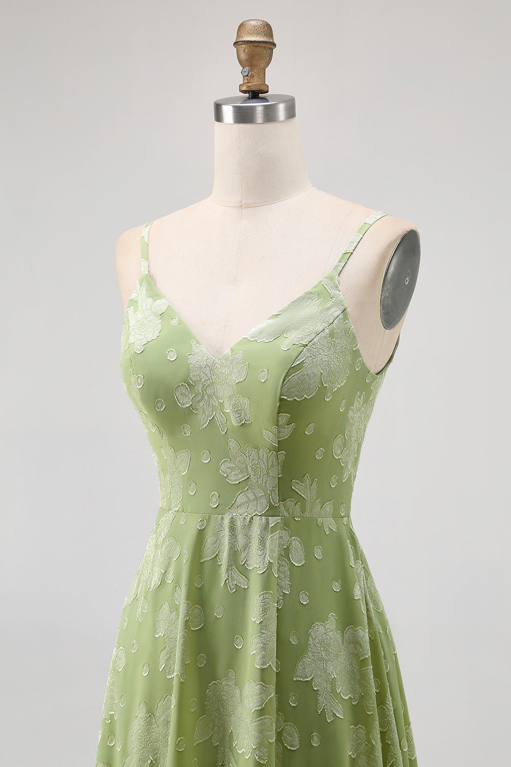 Sage Green Floral A-Line Spaghetti Straps Long Wedding Guest Dress