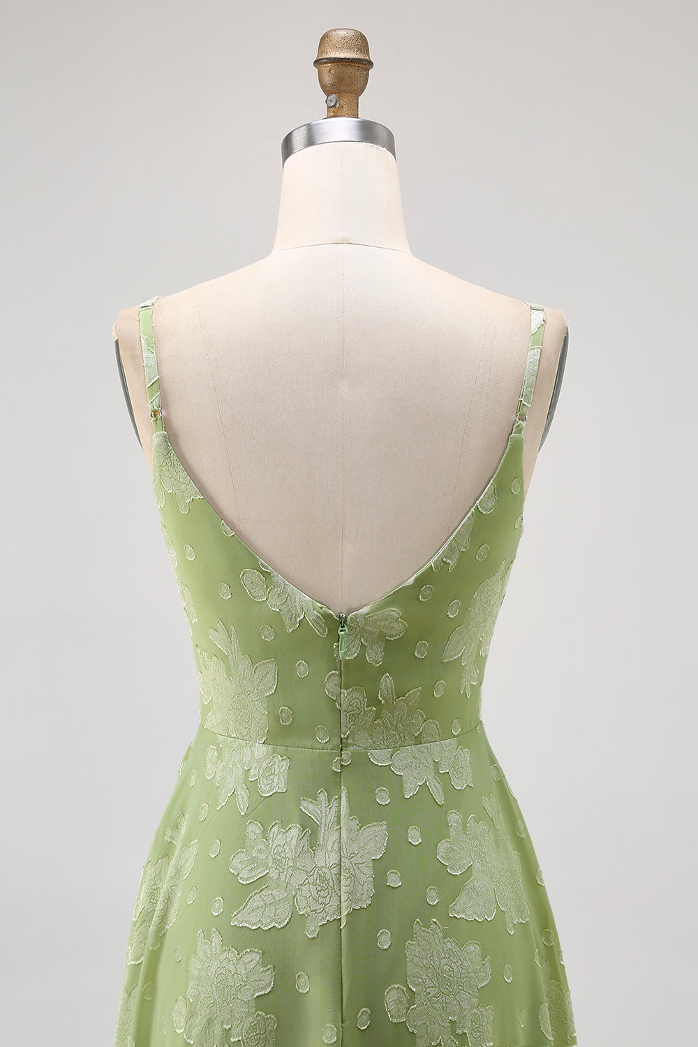 Sage Green Floral A-Line Spaghetti Straps Long Wedding Guest Dress