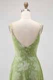 Sage Green Floral A-Line Spaghetti Straps Long Wedding Guest Dress