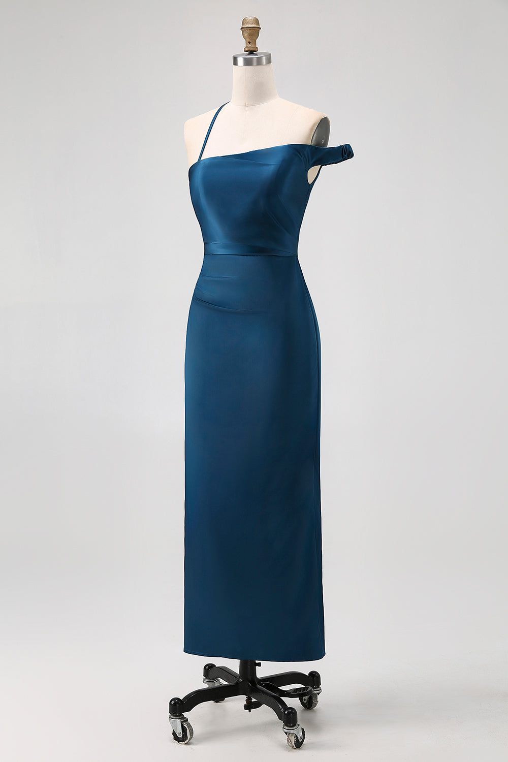Ink Blue One Shoulder Satin Sheath Long Bridesmaid Dress