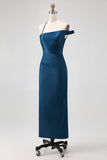 Ink Blue One Shoulder Satin Sheath Long Bridesmaid Dress