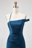 Ink Blue One Shoulder Satin Sheath Long Bridesmaid Dress