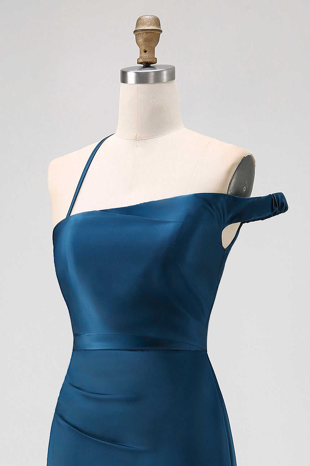 Ink Blue One Shoulder Satin Sheath Long Bridesmaid Dress
