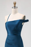 Ink Blue One Shoulder Satin Sheath Long Bridesmaid Dress